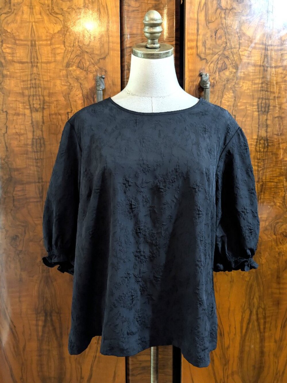 Ted Baker BlackTextured Floral Short Puff Sleeve Blouse XXL Jacquard Cottagecore